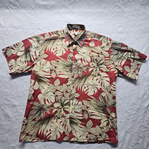 Pierre Cardin Red Gold Bold Floral Hawaiian Aloha Shirt Men Large Vintage Travel - Picture 1 of 7